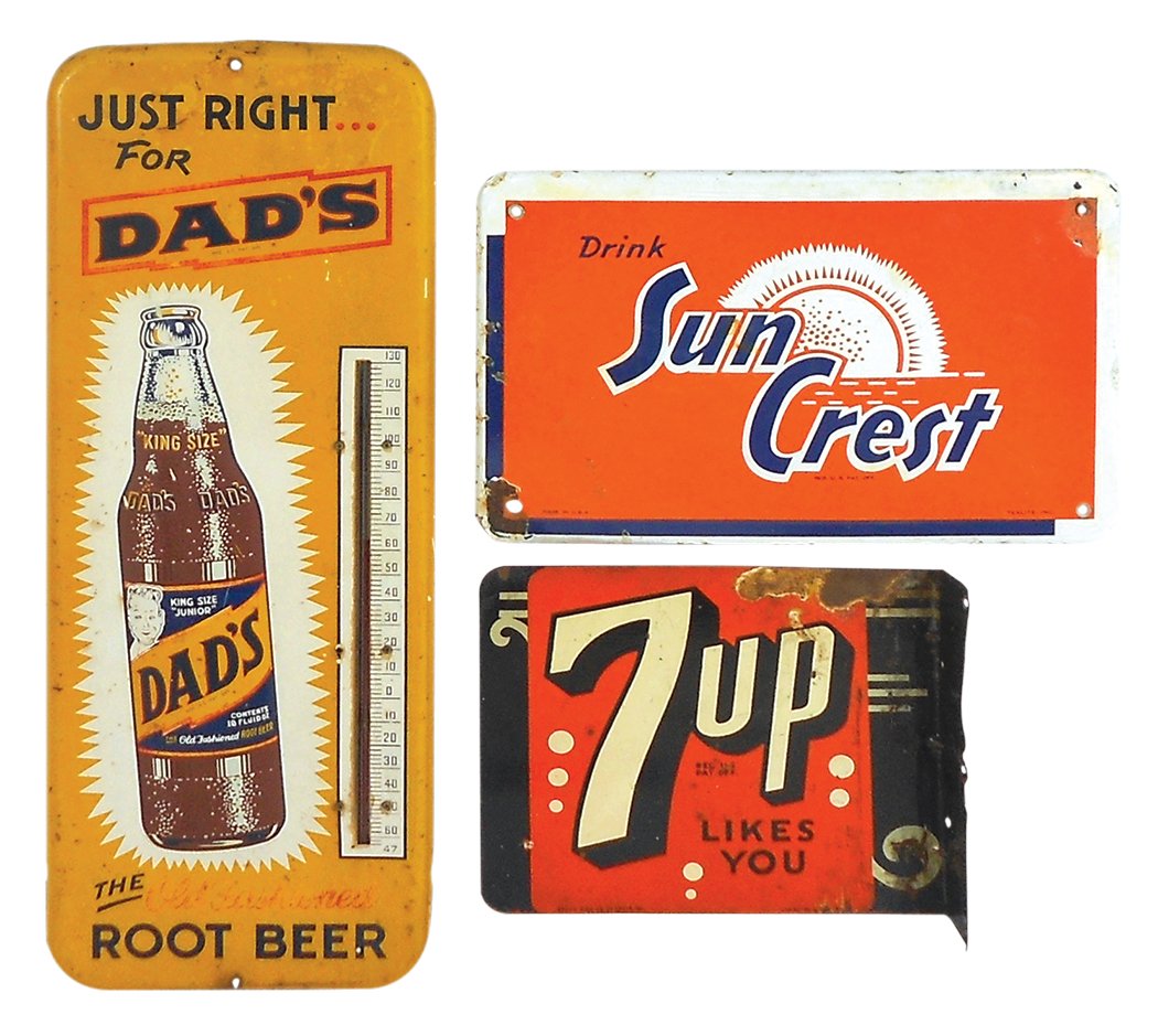 Soda fountain signs (3), Dad's Root Beer: Soda fountain signs (3), Dad's Root Beer thermometer, embossed metal, VG cond w/some fading, 25.5"H x 9.75"W; 7Up, mfgd by Stout Sign Co.-St Louis, 2-sided metal flange, Good cond w/some edge wear, 10