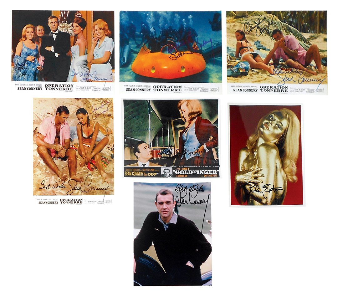Autographed photos (7), James Bond-Connery; Goldfinger: Autographed photos (7), James Bond-Connery; Goldfinger (2)-Connery, Blackman & Eaton & Thunderball (4)-Connery, Auger & Paluzzi, all glossy 8x10s w/bold signatures, most color, Exc cond w/bold signatu