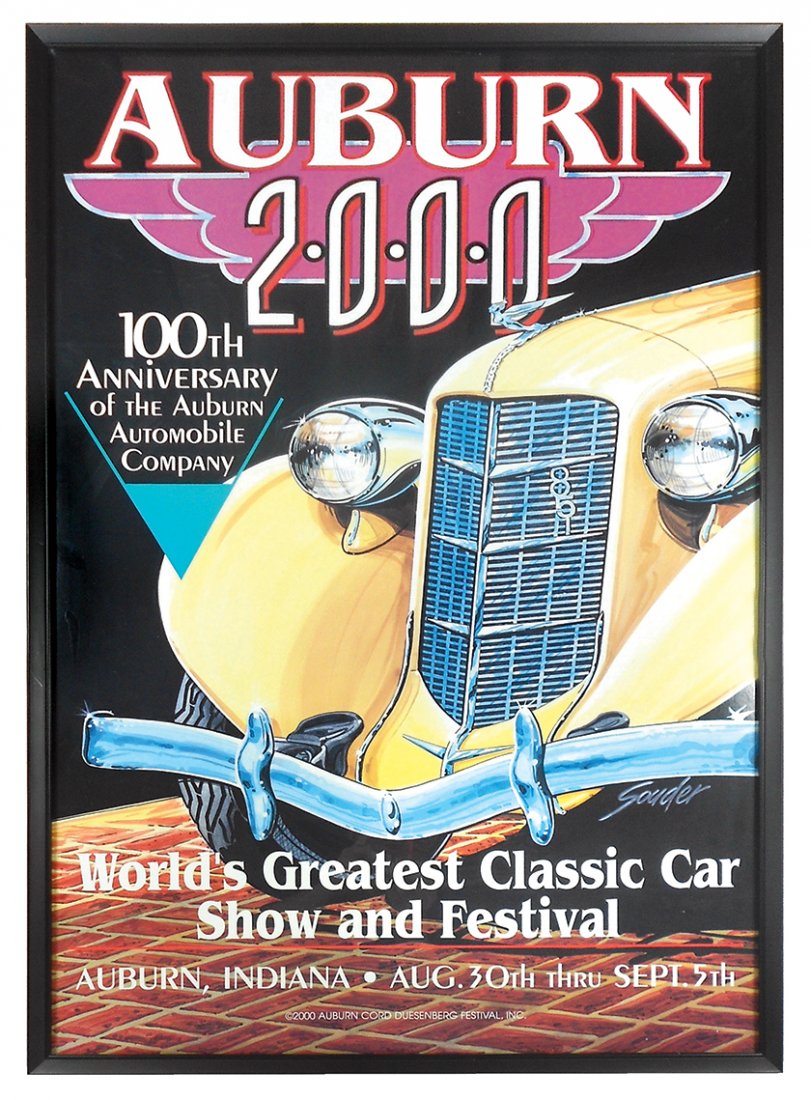 Automotive poster, Auburn 2000, 100th Anniversary of: Automotive poster, Auburn 2000, 100th Anniversary of the Auburn Automobile, framed under glass, Exc cond, 37"H x 25"W.