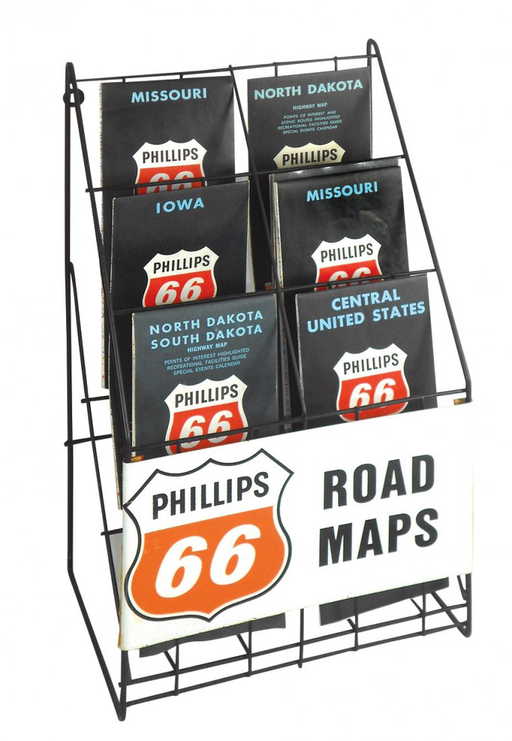 Petroliana map rack w/maps, Phillips 66 Road Maps