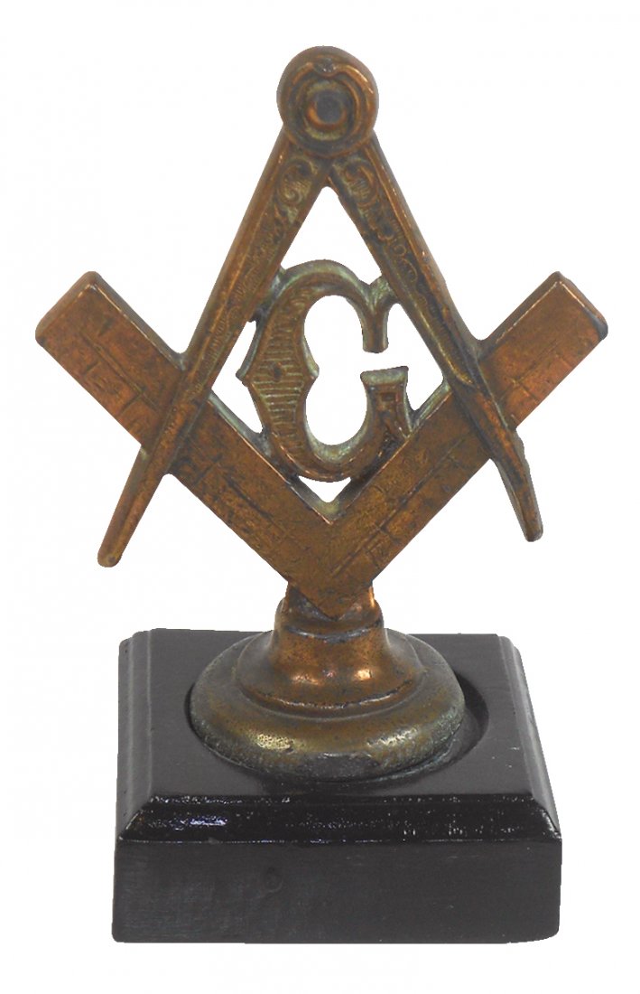 Mascot hood ornament, Masonic emblem, copper, Exc cond: Mascot hood ornament, Masonic emblem, copper, Exc cond on wood base, 5"H.