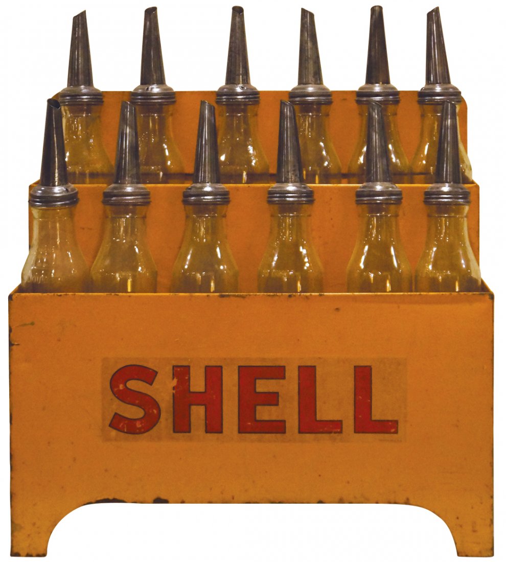 Petroliana bottles in rack, 12 assorted bottles in (1 of 1)