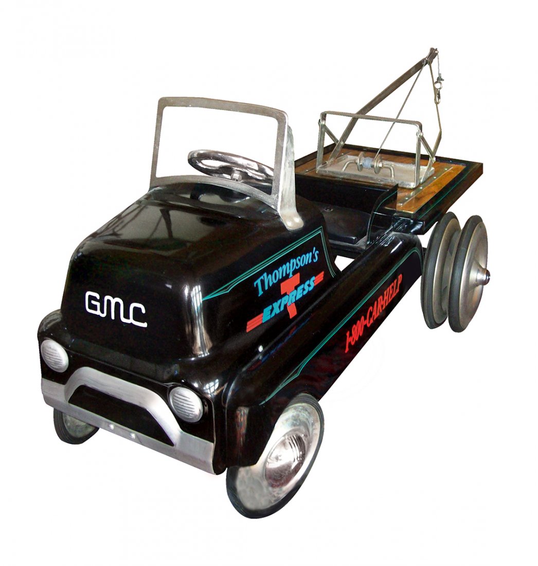 Child's pedal truck, GMC Wrecker, "Thompson's Express",: Child's pedal truck, GMC Wrecker, "Thompson's Express", pressed steel, Exc restored cond, 19"H x 54"L.