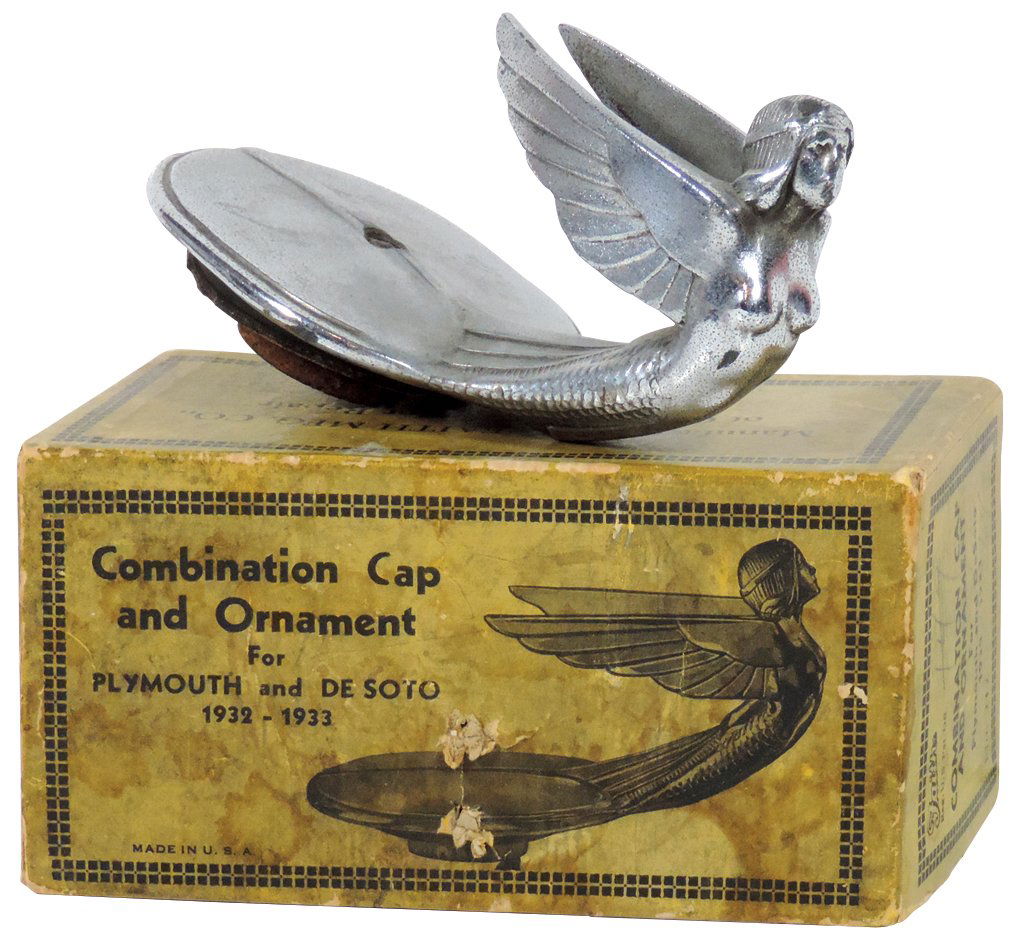 Automotive hood ornament in orig box, winged goddess,