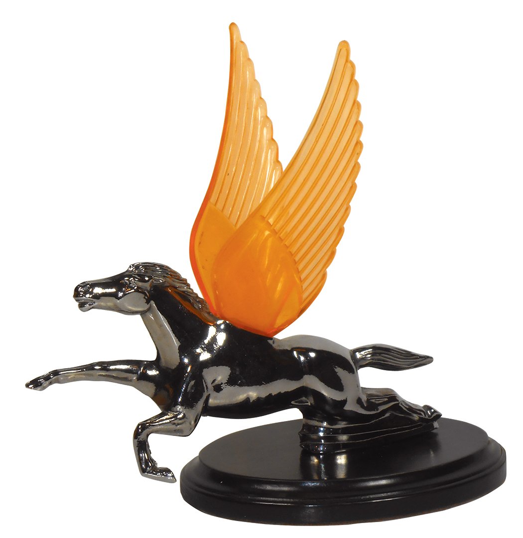 Automotive hood ornament, Pegasus, chromed cast metal