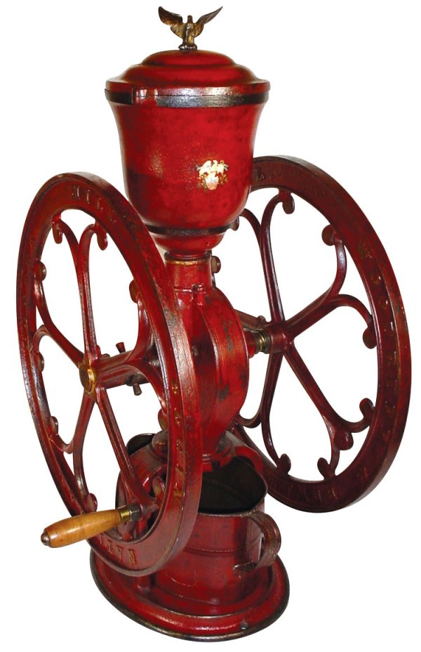 Coffee mill, Elgin National Coffee Mill, mfgd. by: Coffee mill, Elgin National Coffee Mill, mfgd. by Woodruff & Edwards, Elgin, IL, cast iron countertop style, original red paint, stenciling & eagle on flag decals, eagle finial, complete w/receiver, E