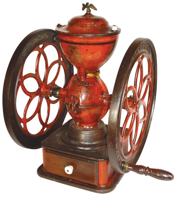 Coffee mill, Enterprise Mfg. Co., Philadelphia, ca: Coffee mill, Enterprise Mfg. Co., Philadelphia, cast iron countertop style, original red & blue paint, stenciling & eagle decals, pat. July 12, 1898, wood drawer, eagle finial, 28"H x 20" Dia. wheels.