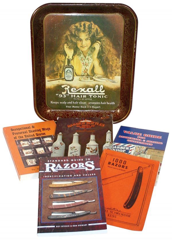 Barber shop items (6); 20th Century Rexall Hair Tr: Barber shop items (6); 20th Century Rexall Hair Tray & 5 books for the barber shop collector, includes signed copy of "Occupational & Fraternal Shaving Mugs" by Robert Blake Powell from 1978, all Good