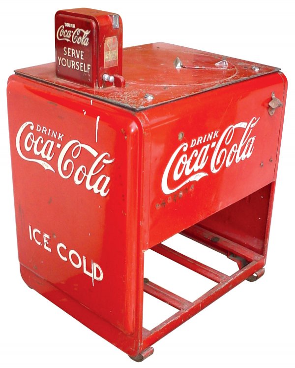 Coca-Cola machine, Vendo Standard, 5 Cent, ice coo: Coca-Cola machine, Vendo Standard, 5 Cent, ice cooled, held 39 bottles, Good condition, 43"H x 31"W x 25"D.