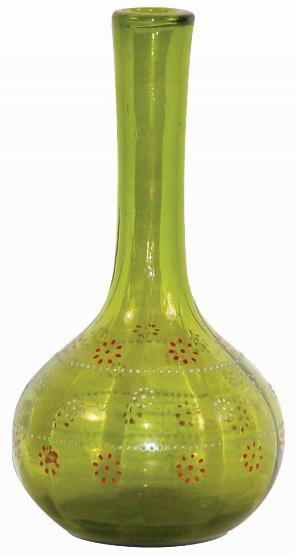 Barber bottle, light green glass w/hand enameled: Barber bottle, light green glass w/hand enameled decoration, some wear on gilt work, VG condition, 8"H.