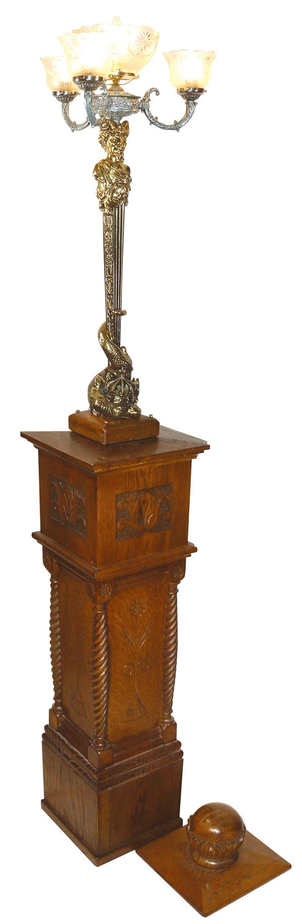 Lighting, figural newel post light, solid brass s: Lighting, figural newel post light, solid brass satyr figure with serpent base & 4 shade light unit, mounted to an oak newel post, both lamp & post are in Exc. restored condition & are late 1800's, la