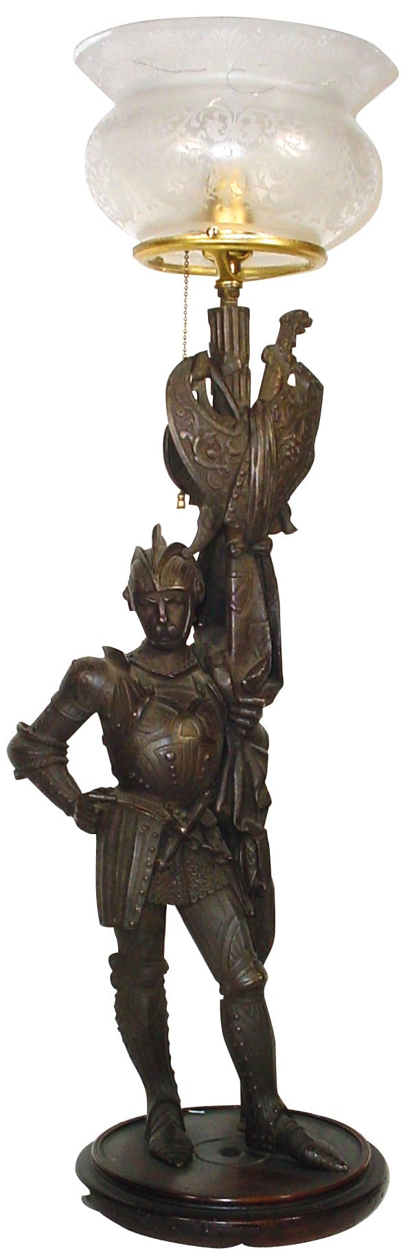 Lighting, figural newel post lamp, solid bronze k: Lighting, figural newel post lamp, solid bronze knight on a walnut base, electrified, gas shade has crack but is intact, otherwise in Exc. original condition, 25"H to shade rest x 8"W.