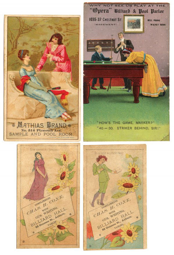 Billiard trade cards (4); The Opera Billiard & Po: Billiard trade cards (4); The Opera Billiard & Pool Parlor, (2) Chas. Cone Billiard Halls, 93 Genessee St., Auburn & Mathias Brand Sample & Pool Room (c.1882), all Good to VG condition.