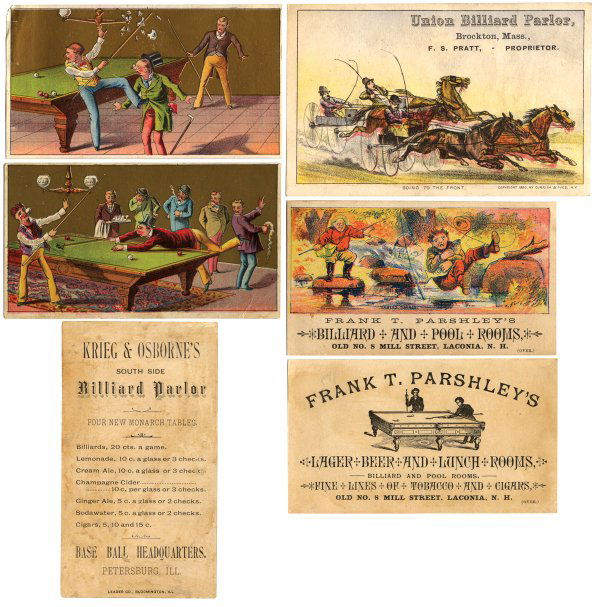 Billiard trade cards (4); Union Billiard Parlor,: Billiard trade cards (4); Union Billiard Parlor, Brockton, MA, copyright 1860, Currier & Ives, Frank T. Parshley's Billiard & Pool Rooms, Laconia, NH & Krieg & Osborne's Billiard Parlor, Petersburg, I