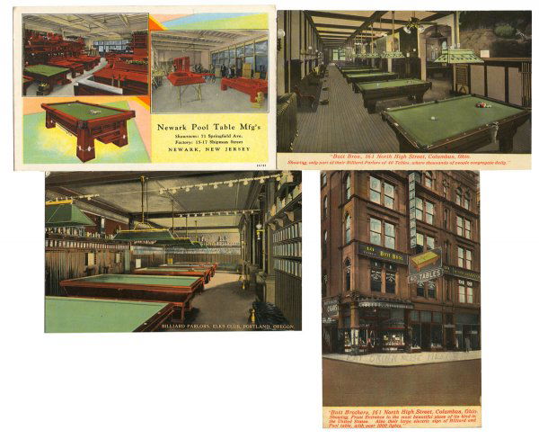 Billiard postcards (4); Elks Club, Portland, OR,: Billiard postcards (4); Elks Club, Portland, OR, 2 from Bott Brothers, Columbus, OH & one from Newark Pool Table Mfg's., Newark, NJ, all VG condition.