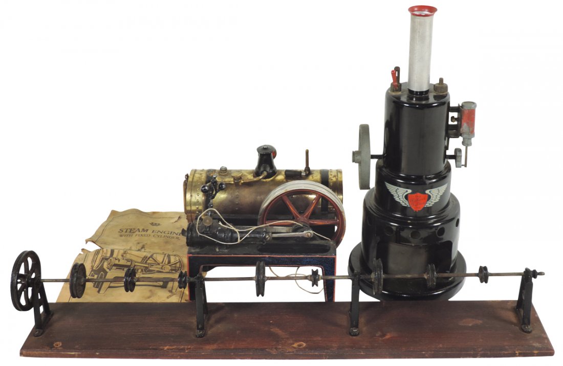 Steam toys (3), Vertical Robert Fulton, mfg by Marvin: Steam toys (3), Vertical Robert Fulton, mfg by Marvin Ind., paint is scratch free, perfect decal, VG+ cond, Line Shaft, unmarked, nine pulley transmission, VG cond & Bing Horizontal Steam Engine w/fix