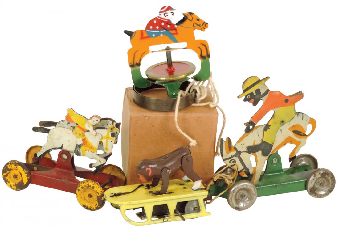 Toys (4), tin lithos, Jockey Top in orig box, Black Man (1 of 1)