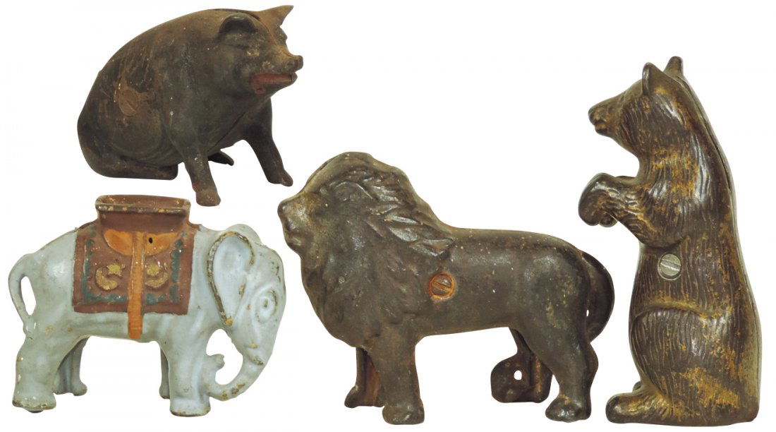 Still banks, (4) all cast iron, Begging Bear, Lion, (1 of 1)