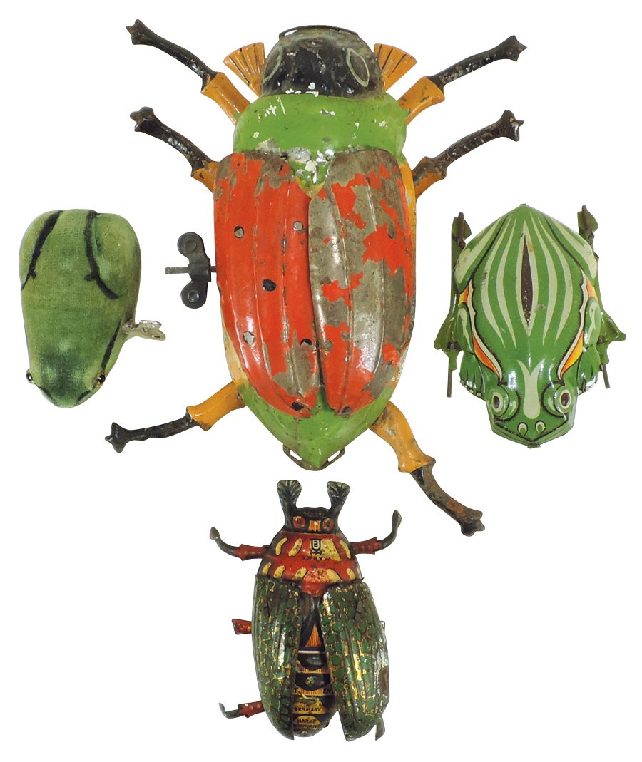 Toy insects (4), tin litho windups, Schuco frog w/cloth (1 of 1)