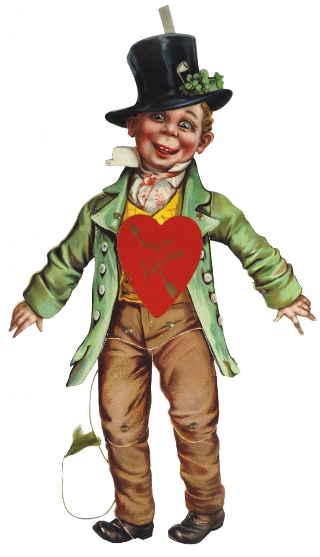 Valentine, Frances Brundage mechanical, Irish boy: Valentine, Frances Brundage mechanical, Irish boy w/jointed arms & legs, one boot has older repair, o/wise Exc cond w/orig string & ribbon, no tears or holes, 12.5"H x 3.5"W.