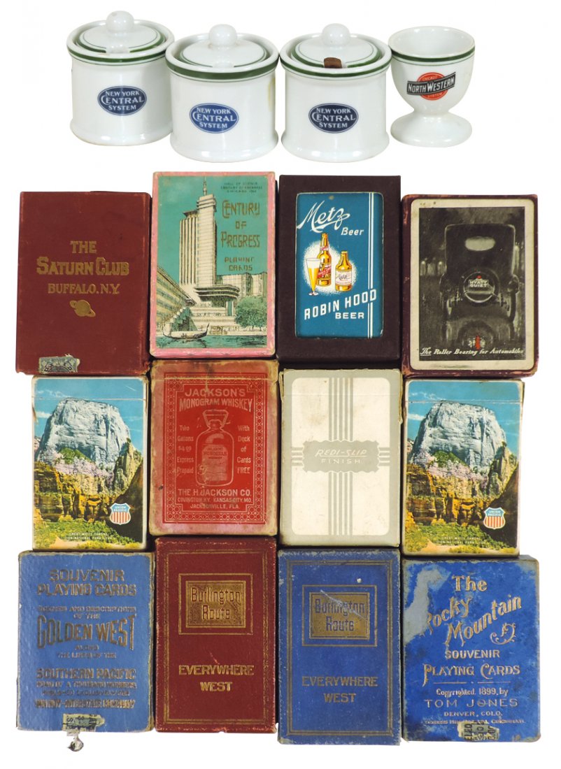 Railroad dishes & advertising playing cards (16), jars (1 of 1)