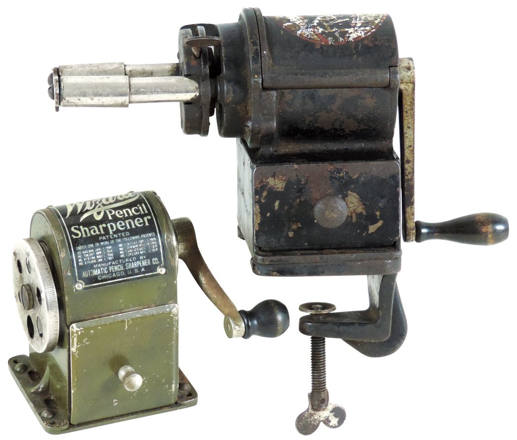 Pencil sharpeners (2), Roneo clamp-on, nice orig paint: Pencil sharpeners (2), Roneo clamp-on, nice orig paint & decal & Wizard multi-size w/orig paint & tag, both VG/Exc cond, Roneo 8"H x 9"W.
