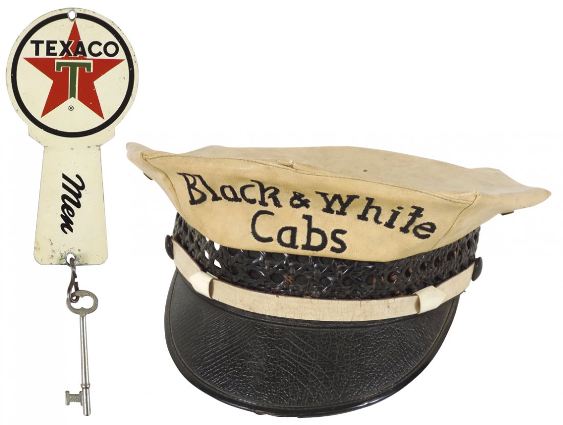Taxi cab cap w/adv for Black & White Cabs, leather &: Taxi cab cap w/adv for Black & White Cabs, leather & vinyl, med size, VG cond & Texaco men's room adv key holder, VG cond 6.25"L.