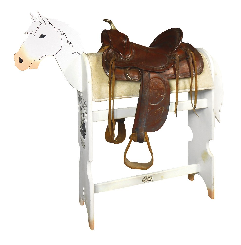 Hopalong Cassidy saddle w/stand, "Topper", leather: Hopalong Cassidy saddle w/stand, "Topper", leather w/nickel-silver horn, c.1940-1950, VG orig cond.