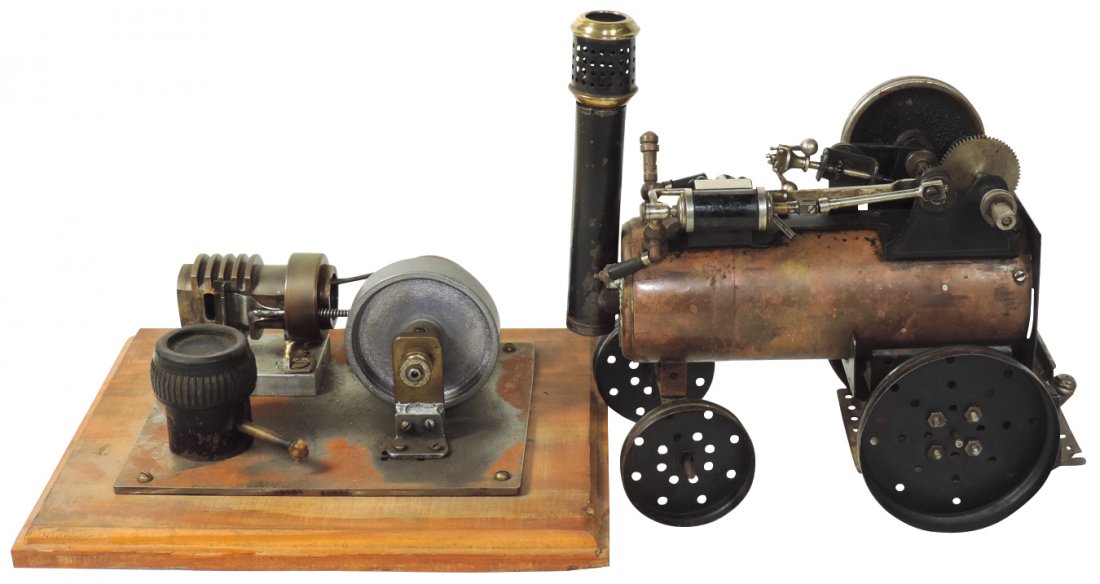 Steam toys (2), handmade Flame Licker with burner, made: Steam toys (2), handmade Flame Licker with burner, made of bronze & steel, Good cond & Marklin Flame Licker Engine, copper heat chamber w/stamped steel wheels, VG cond, 9"H x 11"W.