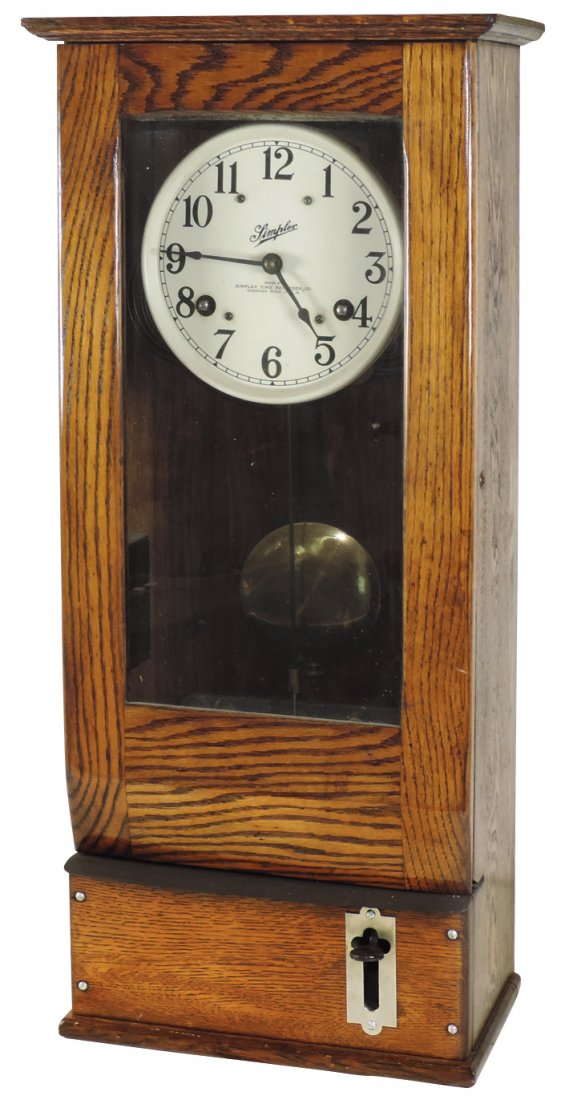 Time clock, Simplex Time Recorder Co.-Gardner, Mass,: Time clock, Simplex Time Recorder Co.-Gardner, Mass, nice oak case, Exc cond, 31"H x 13"W x 8"D.