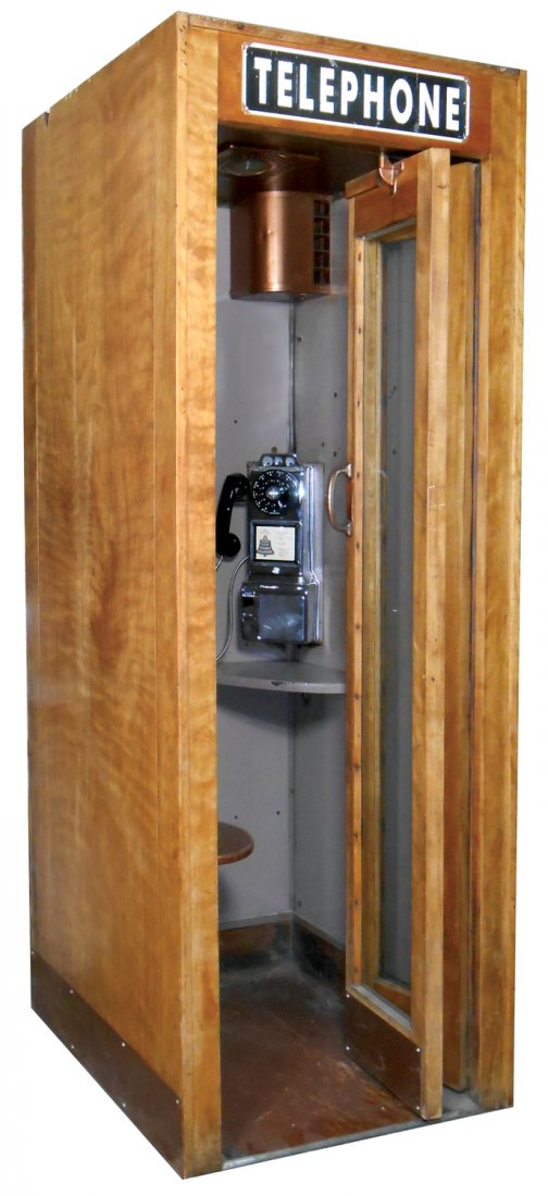 Telephone booth, wood w/folding door, has working 5c,