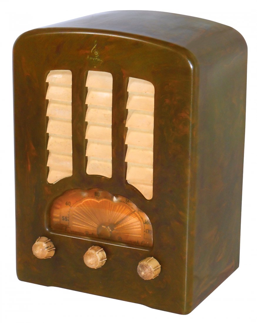 Radio, Emerson, green Bakelite, Model BT245, no back (1 of 7)