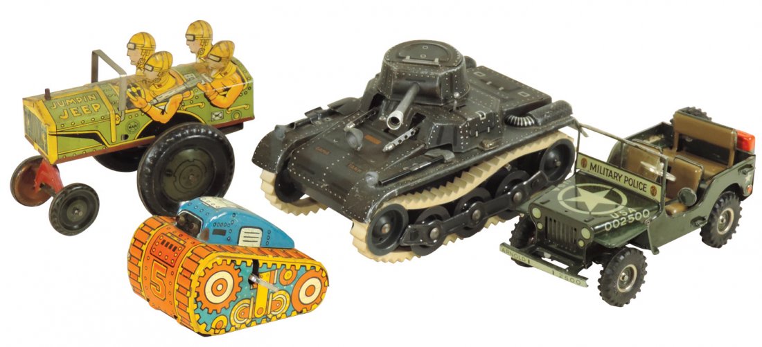 Toy military vehicles (4), tin litho windups, Marx (1 of 1)