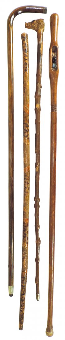 Cane & walking sticks (4), all wood, one w/carved (1 of 1)