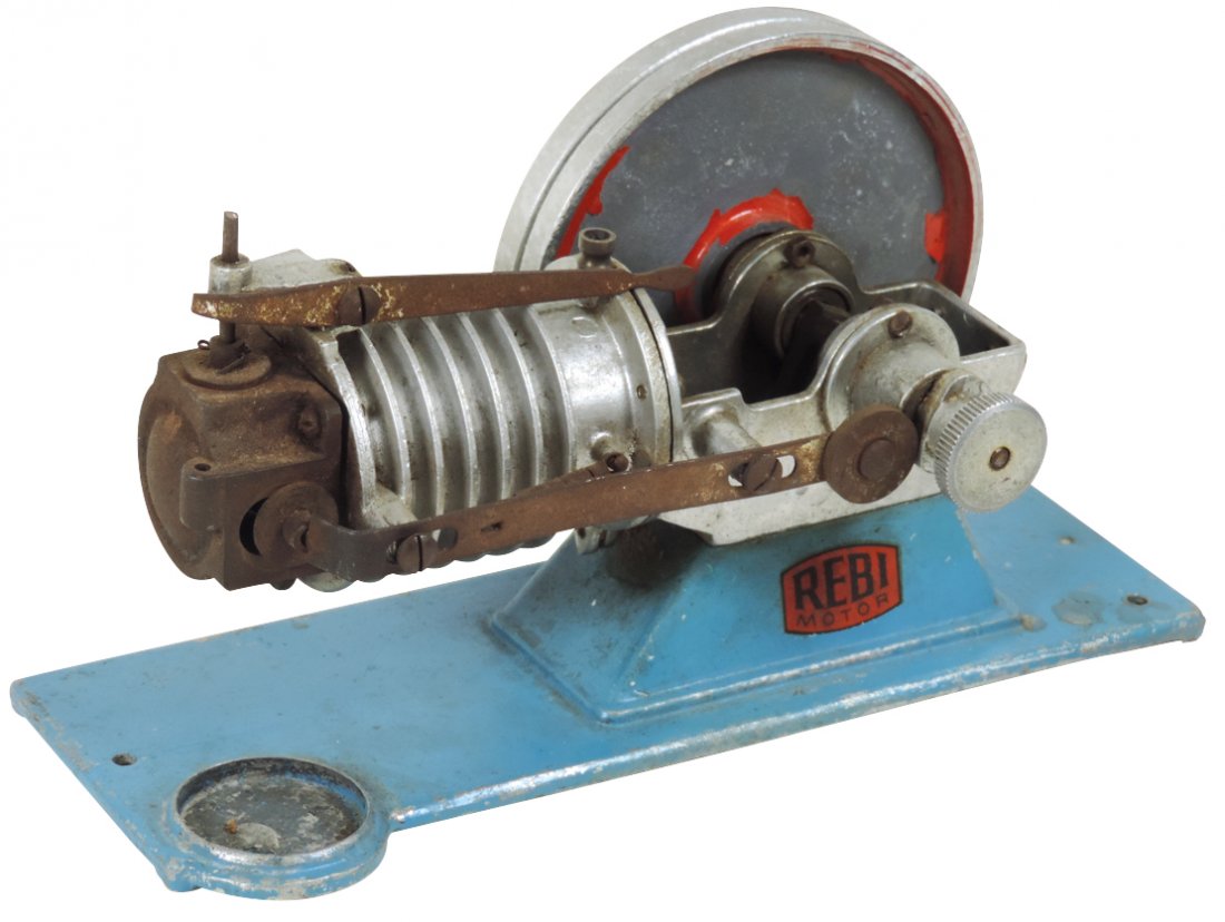 Steam toy, Rebi Flame Licker Motor Type R2, c.1950,: Steam toy, Rebi Flame Licker Motor Type R2, c.1950, most of red paint missing from flywheel, no burner, VG cond, base 9.5" x 3.5".