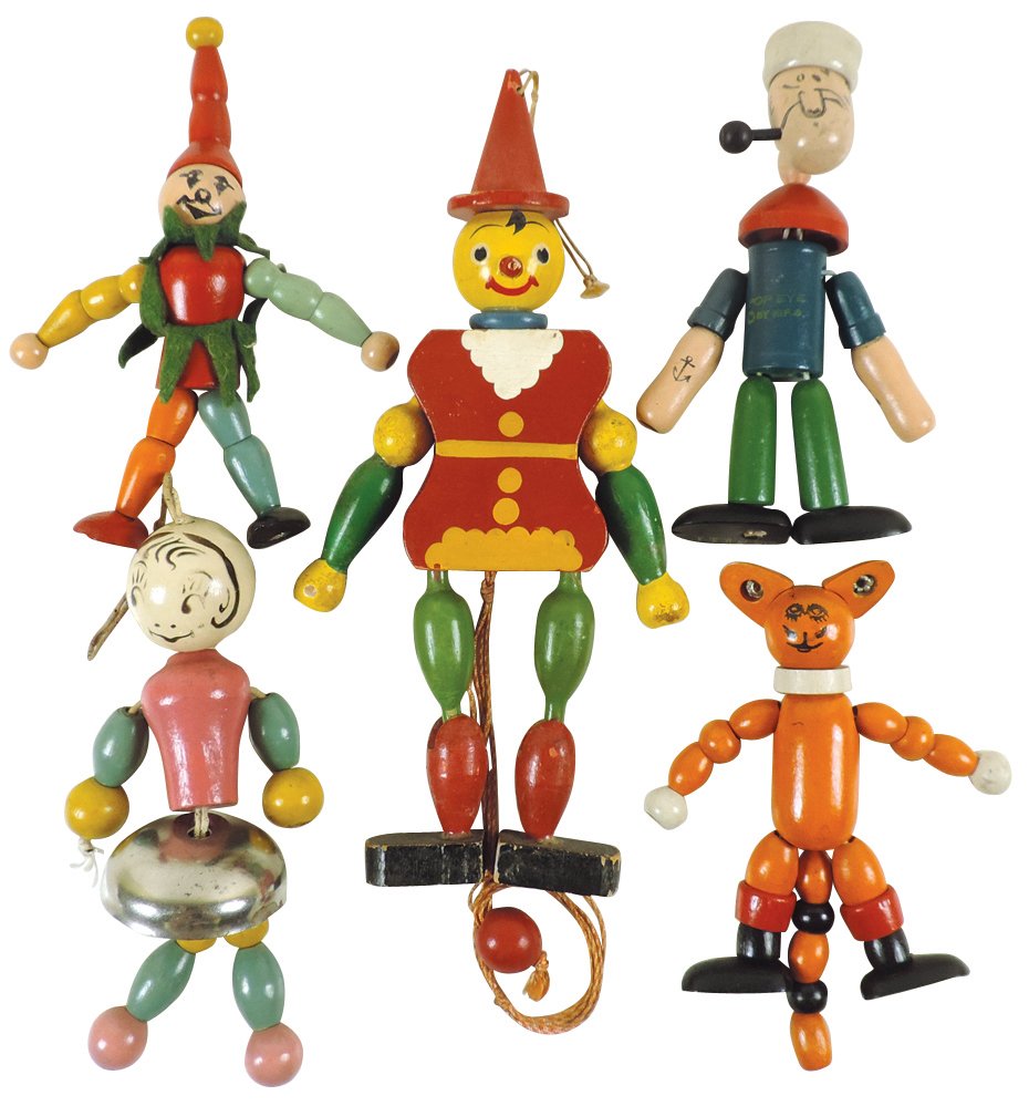 Toy wood jointed dolls (5), Popeye w/pipe, Orange Cat (1 of 1)