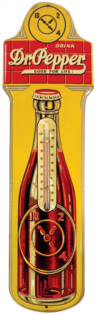 Soda fountain thermometer, Dr. Pepper, embossed metal, (1 of 1)