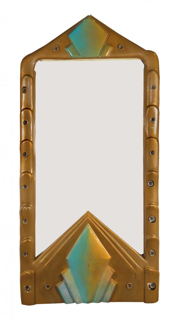 Art Deco theater lobby light-up marquee, wood frame: Art Deco theater lobby light-up marquee, wood frame w/plastic overlay, contains 18 sockets for light bulbs, Plexiglas window, VG cond, 84"H x 42"W.