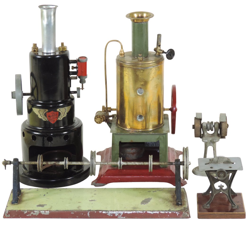 Steam toys (5), Marvin Steam Engine Robert Fulton,: Steam toys (5), Marvin Steam Engine Robert Fulton, whistle lever arm broken, o/wise Mint cond, Grinder, no markings-may be French, VG cond, Line Shaft w/7 pulleys, Good cond, Holley Steam Engine w/2 g