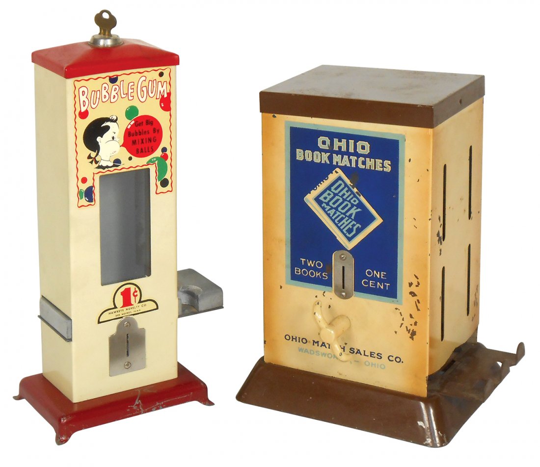 Coin-operated vending machines (2), Hawkeye Novelty Co.: Coin-operated vending machines (2), Hawkeye Novelty Co. 1 Cent bubble gum vendor, mfgd in Des Moines, IA & 1 Cent Ohio Book Match machine, mfgd in Wadsworth, OH, c.1950's, both VG+ orig working cond w
