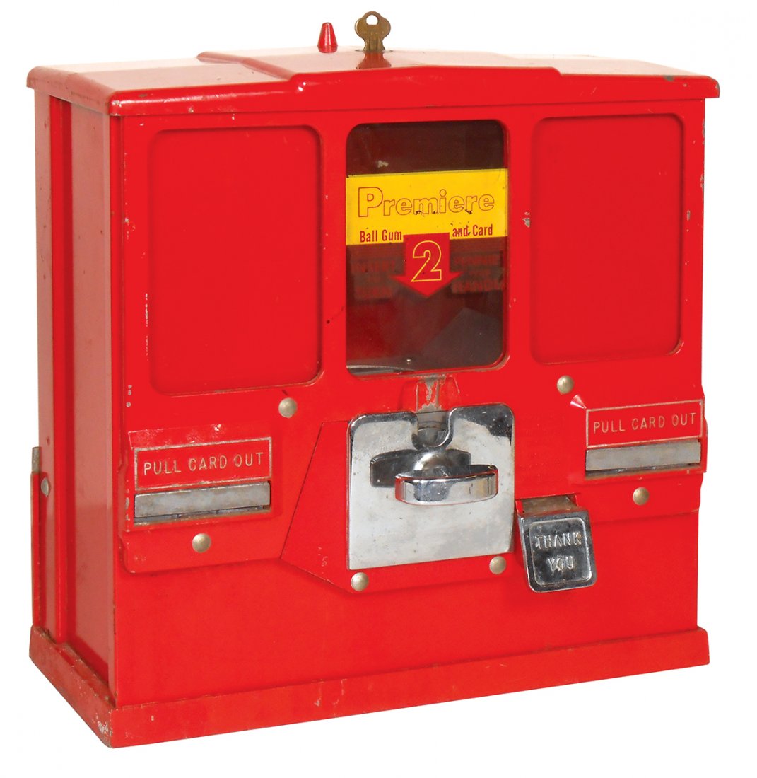 Coin-operated vending machine, Premiere, vends ball gum: Coin-operated vending machine, Premiere, vends ball gum & cards for 2 Cents, mfgd by Oak Mfg. Co.-Calif., cast aluminum & metal, c.1950's, VG+ orig working cond w/locks & key, 14"H x 13"W.