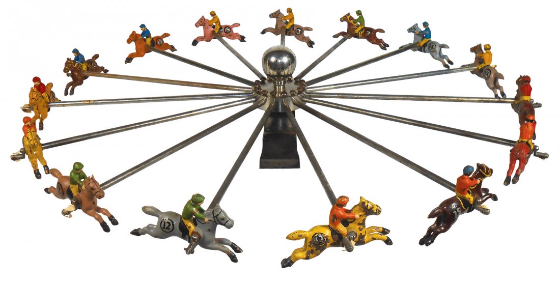 Carnival gambling game, Horse Race, 15 cast iron horses (1 of 2)