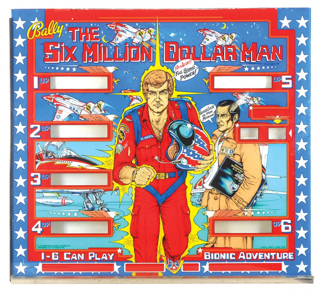Pinball machine back glass, Bally "Six Million Dollar
