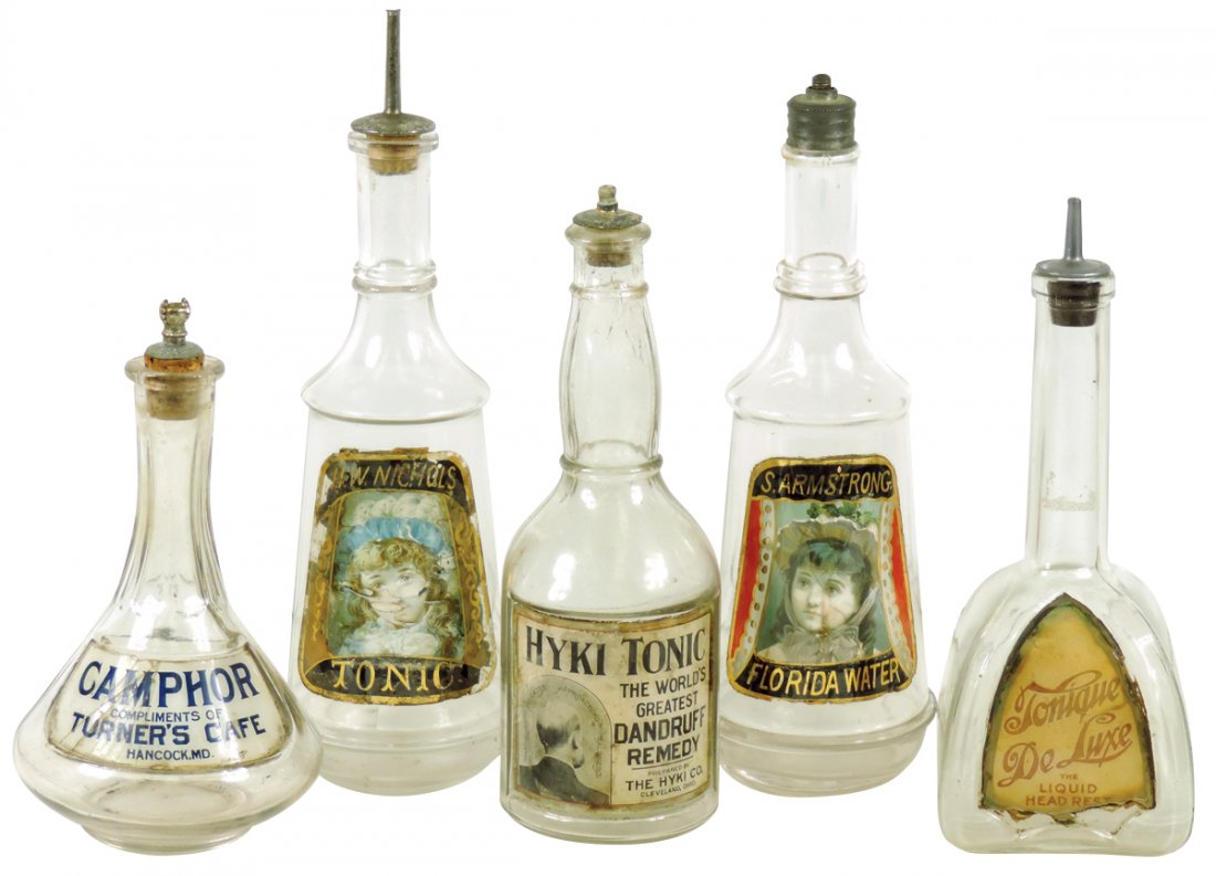 Barber bottles (5), all label under glass, Hyki Tonic (1 of 1)