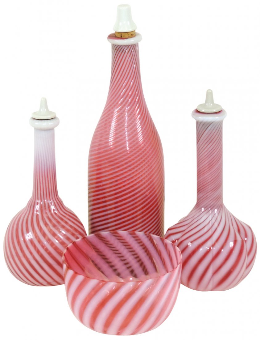 Barber bottles & waste bowl (4), cranberry & white (1 of 1)