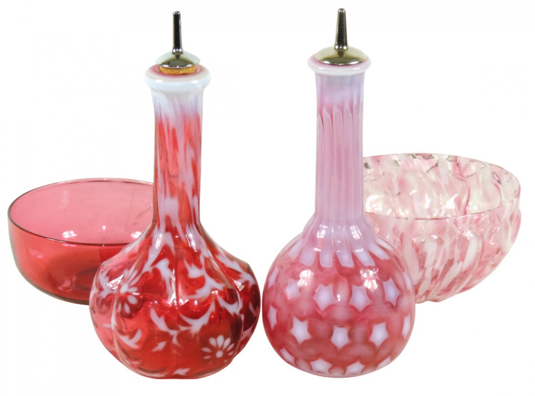 Barber bottles & waste bowls (4), all cranberry, daisy (1 of 1)