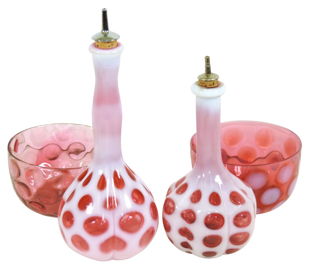 Barber bottles & waste bowls (4), cranberry & white (1 of 1)