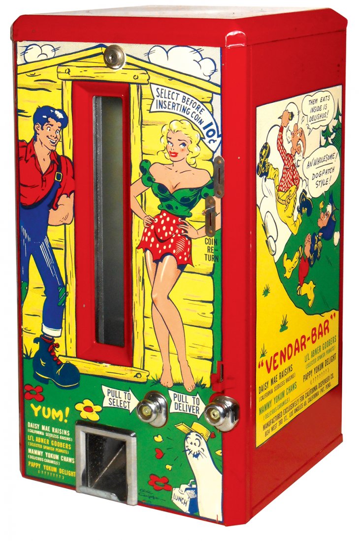Coin-operated vending machine, "Yum", great Al Capp: Coin-operated vending machine, "Yum", great Al Capp Li'l Abner & Daisy Mae graphics on 3 sides, mfgd exclusively for Calif. Dispenser Co.-LA, CA., Exc orig working cond, 23"H x 12"W x 12"D.