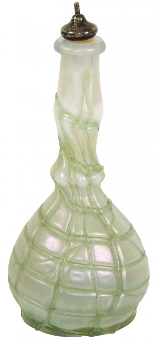 Barber bottle, Loetz art glass, green iridescent: Barber bottle, Loetz art glass, green iridescent w/rolled lip, a beautiful bottle in Exc cond, 9"H.