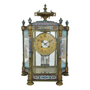 AN IMPRESSIVE FRENCH CLOISONNE ENAMEL MANTEL CLOCK: Circa 1890 Cloisonné enamel brass case convex glass sides and glass front enamel plaques inside with a courting scene cloisonné enamel pendulum Mechanism signed JAPY (model commended in